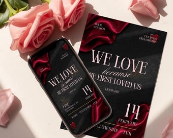 Christian Valentine Invitation Template, Dark Romance, Couples Fellowship (Digital Download, Canva Editable)