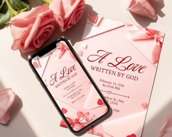 A Love Written By God, Christian Valentine Invitation Template, Canva Editable Wedding Heart Day Invite