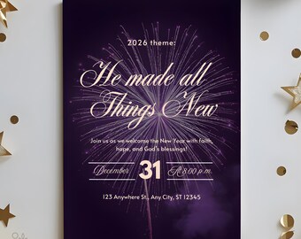 He Made All Things New, Christian New Year Invitation, Church NYE Card (Canva Template)