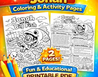 Jonah and the Big Fish Coloring Page, Cartoon Kids Bible Activity, Bright Printable, Sunday School Lesson PDF