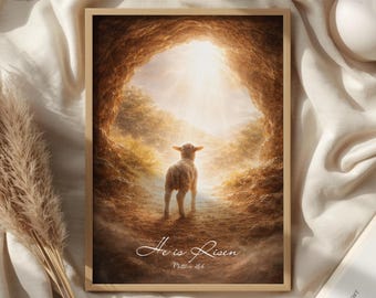 He Is Risen Christian Wall Art, Easter Decor, Lamb Empty Tomb, Matthew 28 6 Bible Verse Print, Resurrection Gift for Christian Home