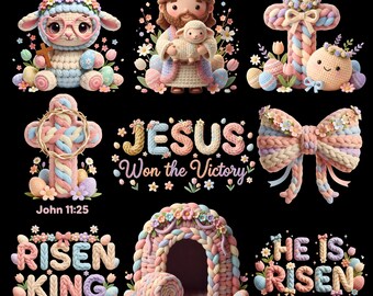 Christian Easter PNG Bundle, Jesus Resurrection Cross, Faux yarn He Is Risen Design, chunky crochet Sublimation Shirt, knitted aesthetic PNG