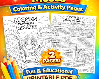 Moses Parting the Red Sea, Coloring Page, Cartoon Bible Activity for Kids, Sunday School Printable, Christian Homeschool Lesson