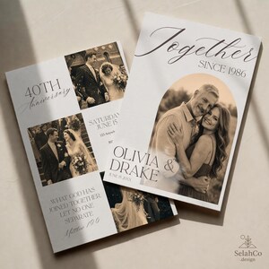 Puede incluir: Dos tarjetas de invitación de aniversario blancas con texto negro y fotografías en tono sepia. Una tarjeta muestra el texto Together SINCE 1986, OLIVIA & DRAKE y JUNE 15 20XX. La otra tarjeta muestra 40TH Anniversary, SATURDAY JUNE 15 y Matthew 19:6.