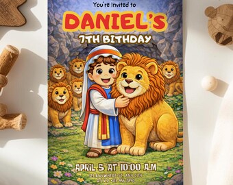 Daniel and Lions Birthday Invitation, Cute Cartoon Bible Theme, Christian Kids Party Invite, Canva Editable Printable