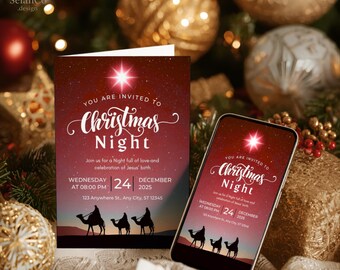 Three Wise Men Nativity Multicolor Christmas Invitation • Editable Canva Template (Digital Download)
