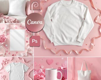 24 PCS Pink Girly Valentines Mockups Bundle Canva Editable Heart Day Product Images