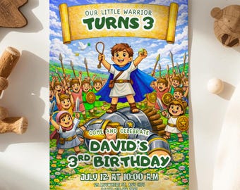 David and Goliath Birthday Invitation, Boy Birthday Party (Canva Template, Digital Download)