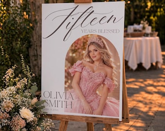 Quinceaňera Willkommensschild mit Foto, 15. Geburtstagsdeko, Canva-Vorlage, rosa Prinzessin Teen Girl-Geburtstagsparty-Poster, moderner Minimalist