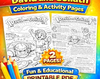David and Goliath Bible Coloring Page, Cartoon Style Kids, Bible Story Printable, Sunday School Activity, Christian Homeschool Worksheet
