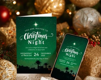 Bethlehem Skyline Holy Night Multicolor Christmas Invitation, Editable Canva Template (Card & IG Story)