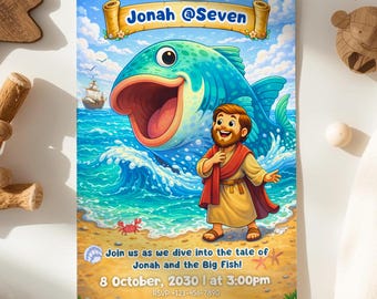 Jonah and the Big Fish Invitation, Christian Kids Birthday, Canva Template, Cartoon Ocean Bible Party Printable Invite