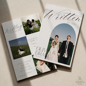 May include: Wedding ceremony invitation with photos of a couple. The invitation includes the text "Written by God," the names "Olivia & Drake," and the date "April 15." The design is minimalist with a modern font.