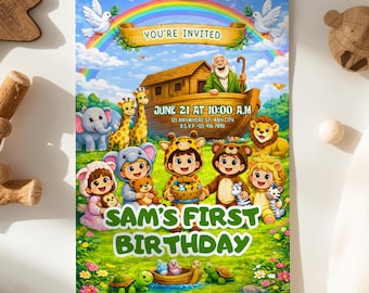 Noah's Ark Birthday Invitation, Christian Kids Party, Canva Editable (Digital Download)