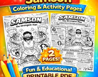 Samson Bible Coloring Page, Kids Activity Printable PDF, Sunday School Lesson, Old Testament Story, Christian Homeschool Worksheet