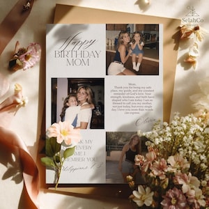 Può includere: Un biglietto di compleanno personalizzato per la mamma, con un collage di foto e un testo toccante. Il biglietto include le parole "Happy Birthday Mom" e un messaggio da Olivia, con elementi floreali.