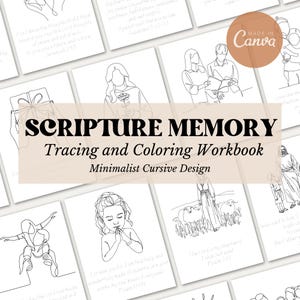 Puede incluir: Una colección de cuadernos para colorear y trazar Scripture Memory blancos. Cada página presenta ilustraciones minimalistas de arte lineal y versículos bíblicos. El título "SCRIPTURE MEMORY Tracing and Coloring Workbook" se muestra en cursiva.
