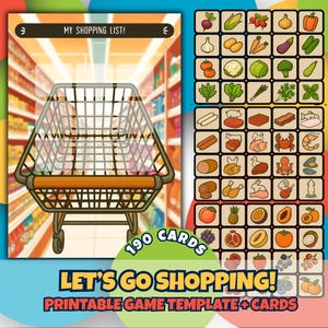 買い物リスト！食料品ゲームテンプレート + 190種類の商品カード | 印刷可能なPDF/PNG | ロールプレイングショッピングリスト | 子供向け教育ゲーム