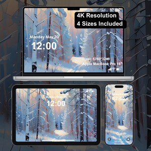 May include: A digital wallpaper displayed on a laptop, tablet, and smartphone. The wallpaper features a winter forest scene with snow-covered trees in shades of blue, white, and brown. The time is displayed as 12:00 on Monday, May 20. Text reads "4K Resolution, 4 Sizes Included."