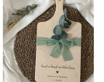 Personalized wooden wedding gift - cutting board with names & date - a loving keepsake - hand in hand for a lifetime