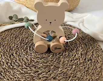 Personalized wooden bear - motor skills toy & push toy with name - wooden toy with motor loop - rolling toy for babies