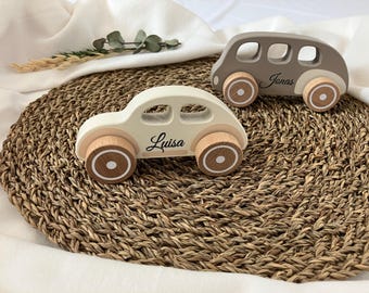 Personalized wooden car with name - baby toy from 1 year old - gift for birth or christening - sustainable motor skills toy with engraving