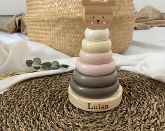 Personalized wooden stacking tower - Gift for birth or christening with name - Montessori stacking tower for babies - Baby gift