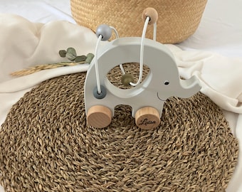 Personalized elephant wooden toy - gift for birth, baptism or Christmas with engraving - Montessori baby toy with motor skills loop