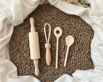 Children's Wooden Baking Set - Play Kitchen Accessories with Rolling Pin & Whisk - Wooden Toy Set - Montessori Toy - Shop Accessories