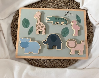 Personalized wooden puzzle - Animal puzzle with name - Gift for birth, baptism, Christmas - Wooden puzzle with name - Safari animals -