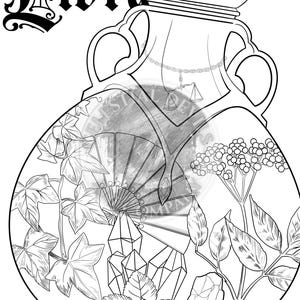 May include: Black and white illustration of a decorative jar with the word "Libra" at the top left. The jar features a detailed design of leaves, crystals, and a scale. The jar has a lid and two handles.