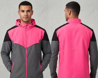 Retro Colorblock Hooded Windbreaker Jacket, Hot Pink Gray Activewear Full Zip