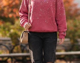 Hoodie met strass-sterren, roze sweatshirt met kristallen, glinsterende trui voor dames, glitterhoodie