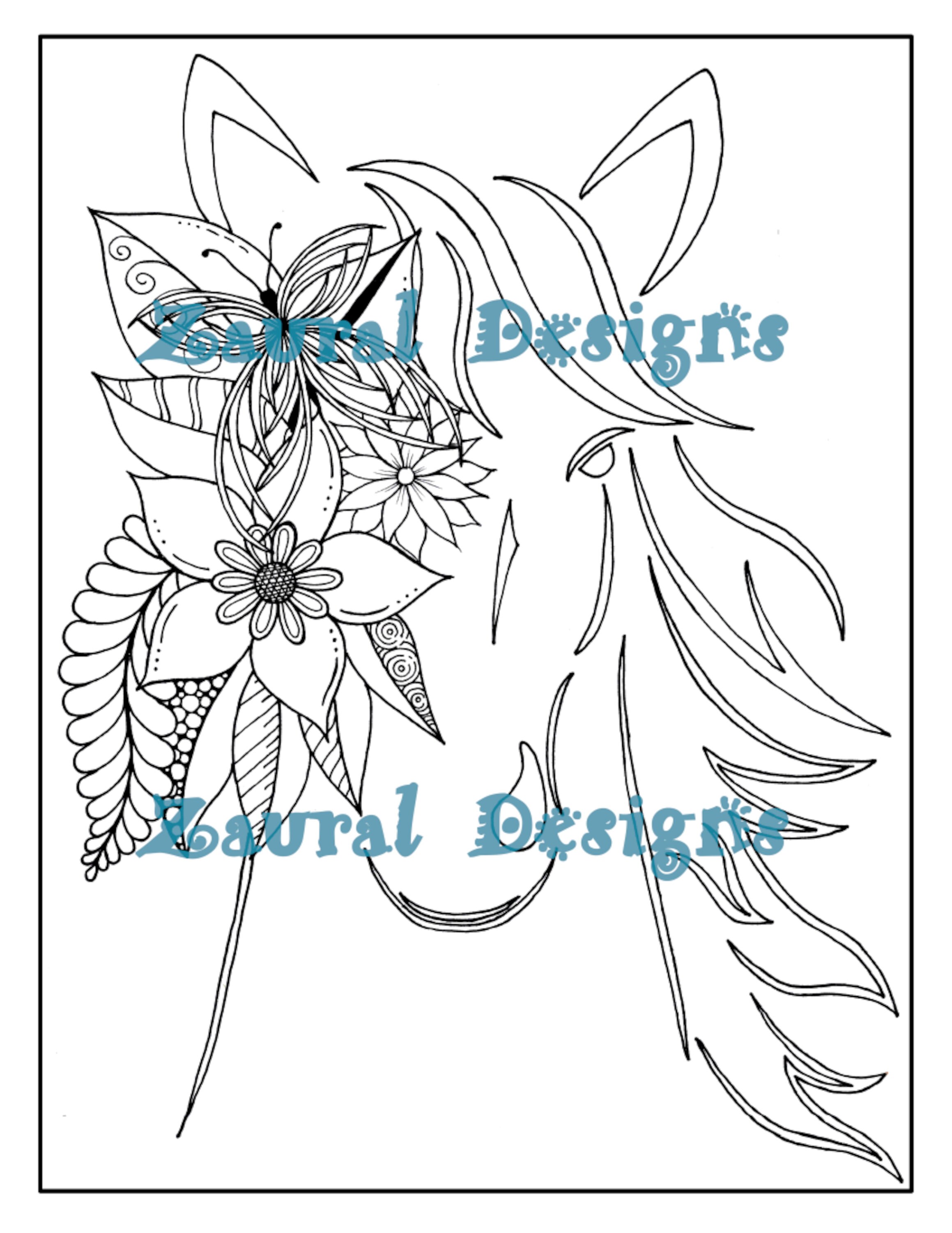Horse Floral Coloring Page 3 Variations Black Background | Etsy