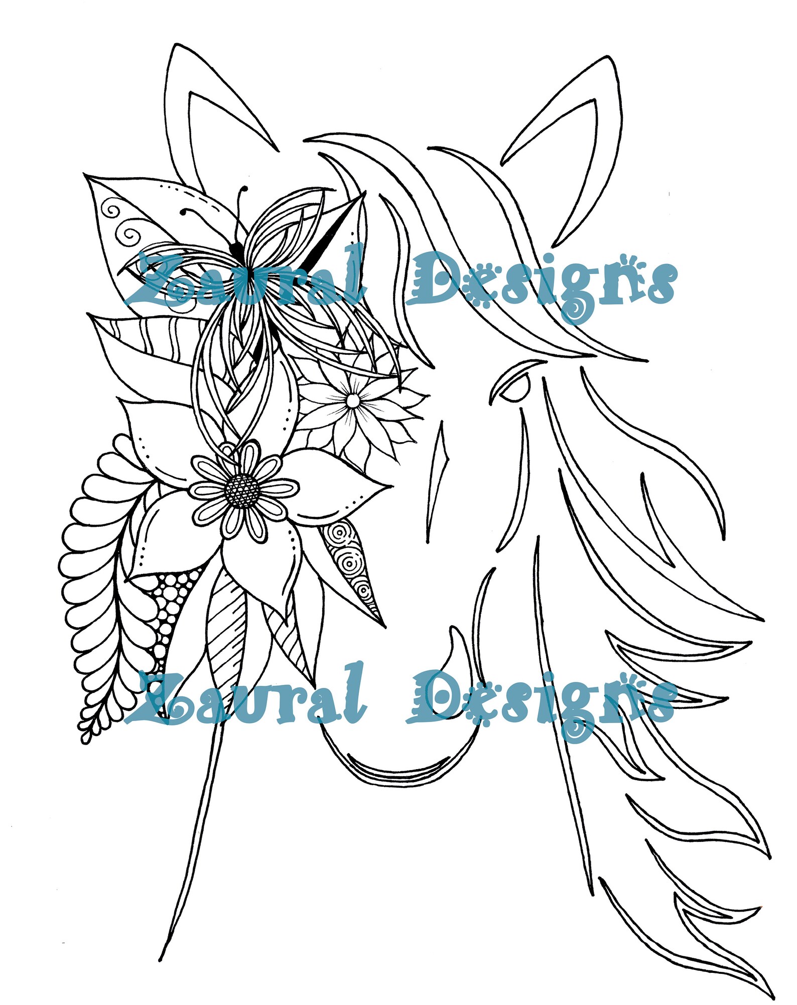 Horse Floral Coloring Page 3 Variations Black Background | Etsy