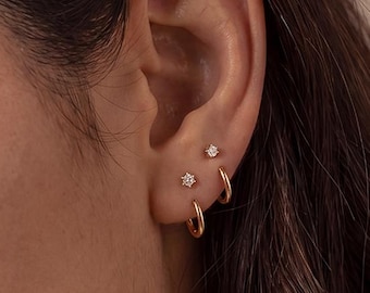 Tiny Crystal Huggie Hoop Earrings, 925 Sterling Silver, Minimalist Style