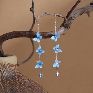 Pendientes colgantes lineales florales azules, joyería nupcial de aguamarina en plata de ley