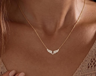 Gold Angel Wing Necklace, Pave Cubic Zirconia Choker, Dainty 18K Plated Brass