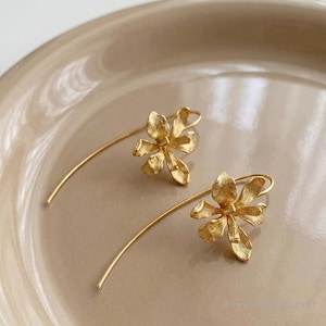 Gold Orchid Drop Earrings, Textured Botanical Bridal Jewelry