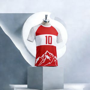 May include: Red and white athletic jersey with the number 10. The jersey features white sleeves with small black dots, a white horizontal stripe across the chest, and a mountain graphic at the bottom. The jersey is displayed on a mannequin.