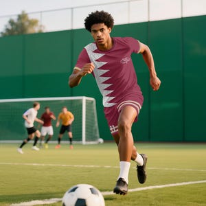 May include: A maroon football kit with white and maroon detailing. The jersey and shorts display a unique design, with a white and maroon pattern on the side. The player is running on a green pitch with a football.