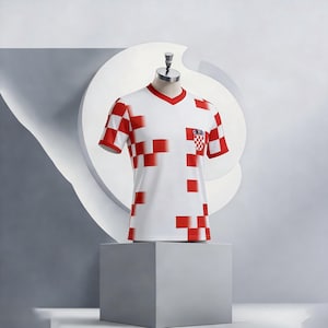 Op de afbeelding: Wit en rood geblokt voetbalshirt met een V-hals en korte mouwen. Het shirt heeft een Kroatische vlag patch op de borstzak. Het shirt wordt getoond op een mannequin tegen een grijze achtergrond.