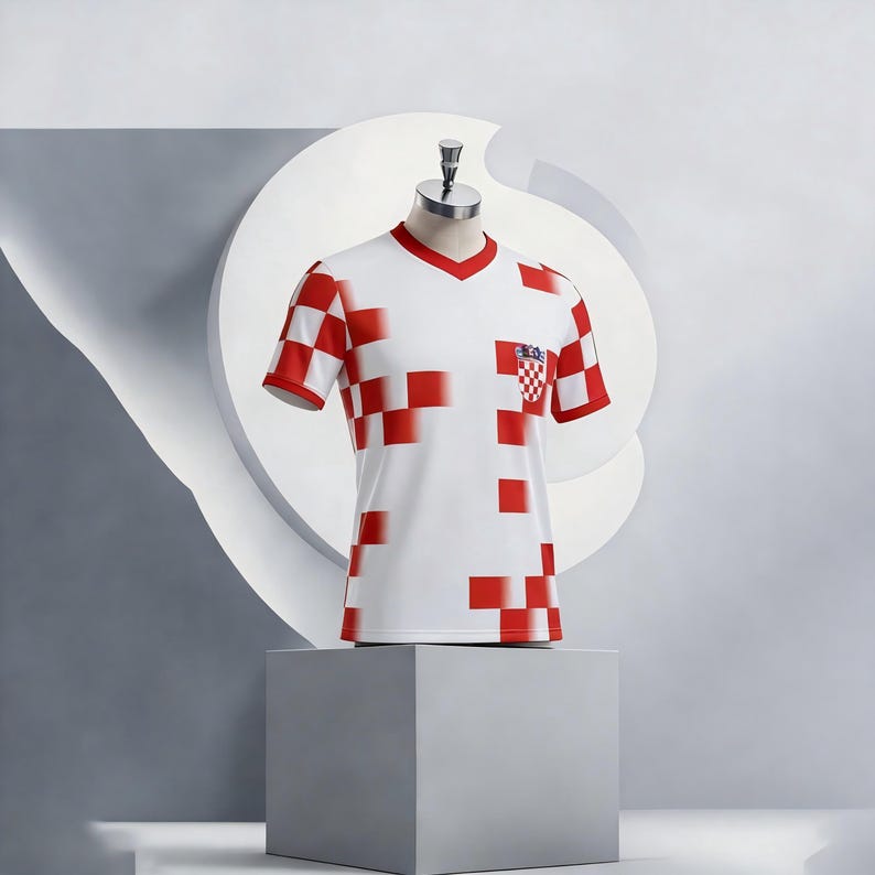 Op de afbeelding: Wit en rood geblokt voetbalshirt met een V-hals en korte mouwen. Het shirt heeft een Kroatische vlag patch op de borstzak. Het shirt wordt getoond op een mannequin tegen een grijze achtergrond.