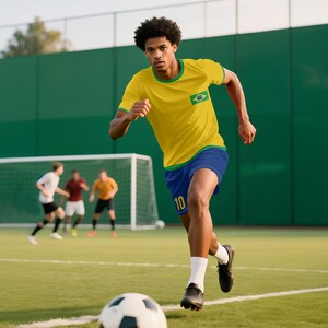 May include: A soccer player in a yellow jersey with green trim and the Brazilian flag emblem, paired with blue shorts and black cleats, runs toward the soccer ball on a green field. The jersey has the number 10 on it.