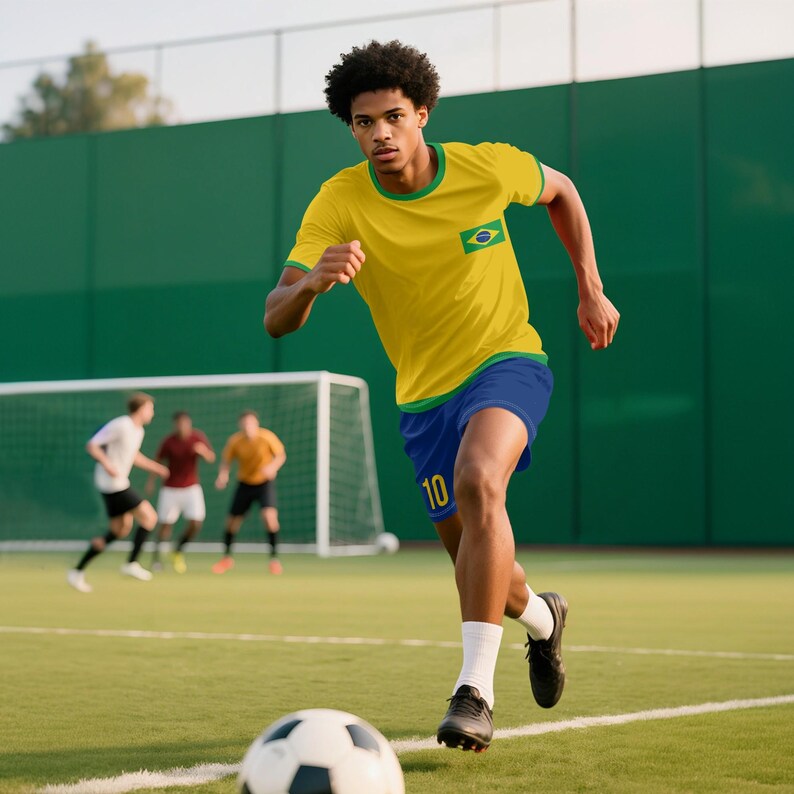 May include: A soccer player in a yellow jersey with green trim and the Brazilian flag emblem, paired with blue shorts and black cleats, runs toward the soccer ball on a green field. The jersey has the number 10 on it.