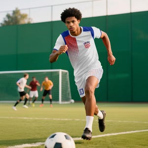 May include: A soccer player in a white and blue jersey with red accents and the Croatian coat of arms. The player is running on a green field toward a soccer ball. The shorts have the number 10.