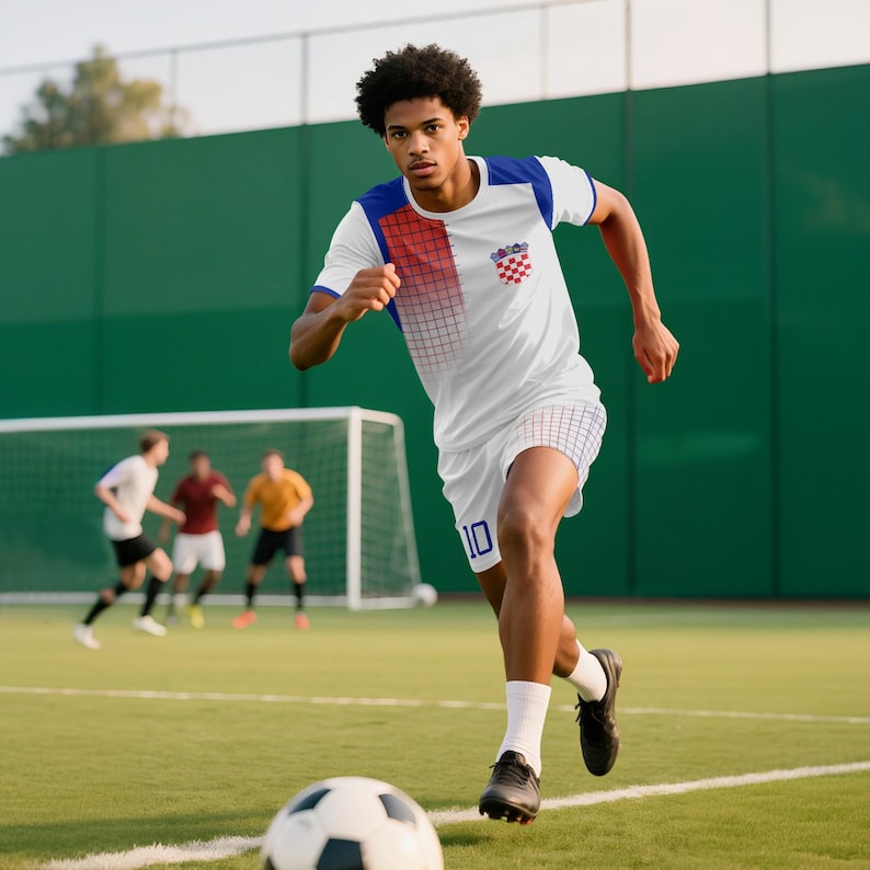 May include: A soccer player in a white and blue jersey with red accents and the Croatian coat of arms. The player is running on a green field toward a soccer ball. The shorts have the number 10.
