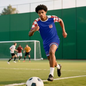 May include: A soccer player in a blue and white Croatian national team jersey and shorts, with red and white checkered sleeves. The jersey features the Croatian coat of arms. The player is running on a green field with a soccer ball in front of them.