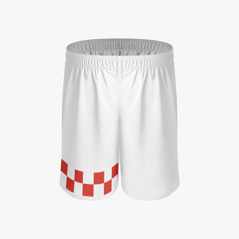 May include: White athletic shorts with a red checkered pattern along the bottom hem. The shorts have an elastic waistband and a relaxed fit, suitable for sports or casual wear.