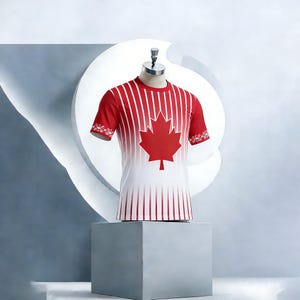 Op de afbeelding: Een rood en wit t-shirt met een groot rood esdoornblad-ontwerp. Het shirt heeft verticale witte strepen op het rode bovenste gedeelte en een wit onderste gedeelte. De mouwen hebben decoratieve bloempatronen.